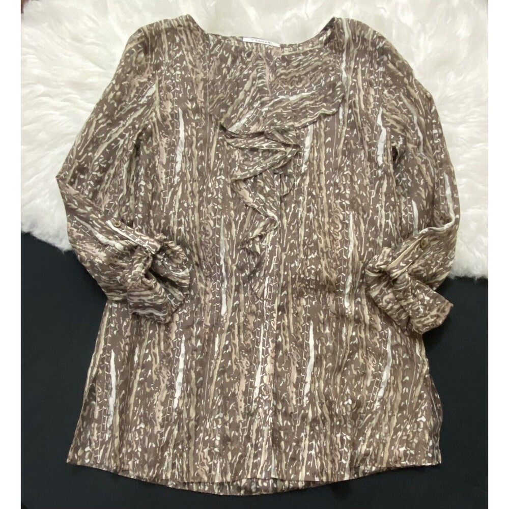 Tahari Sz XS Silk/Cotton Blend Semi Sheer Ruffle Front Roll Tab Sleeve Top